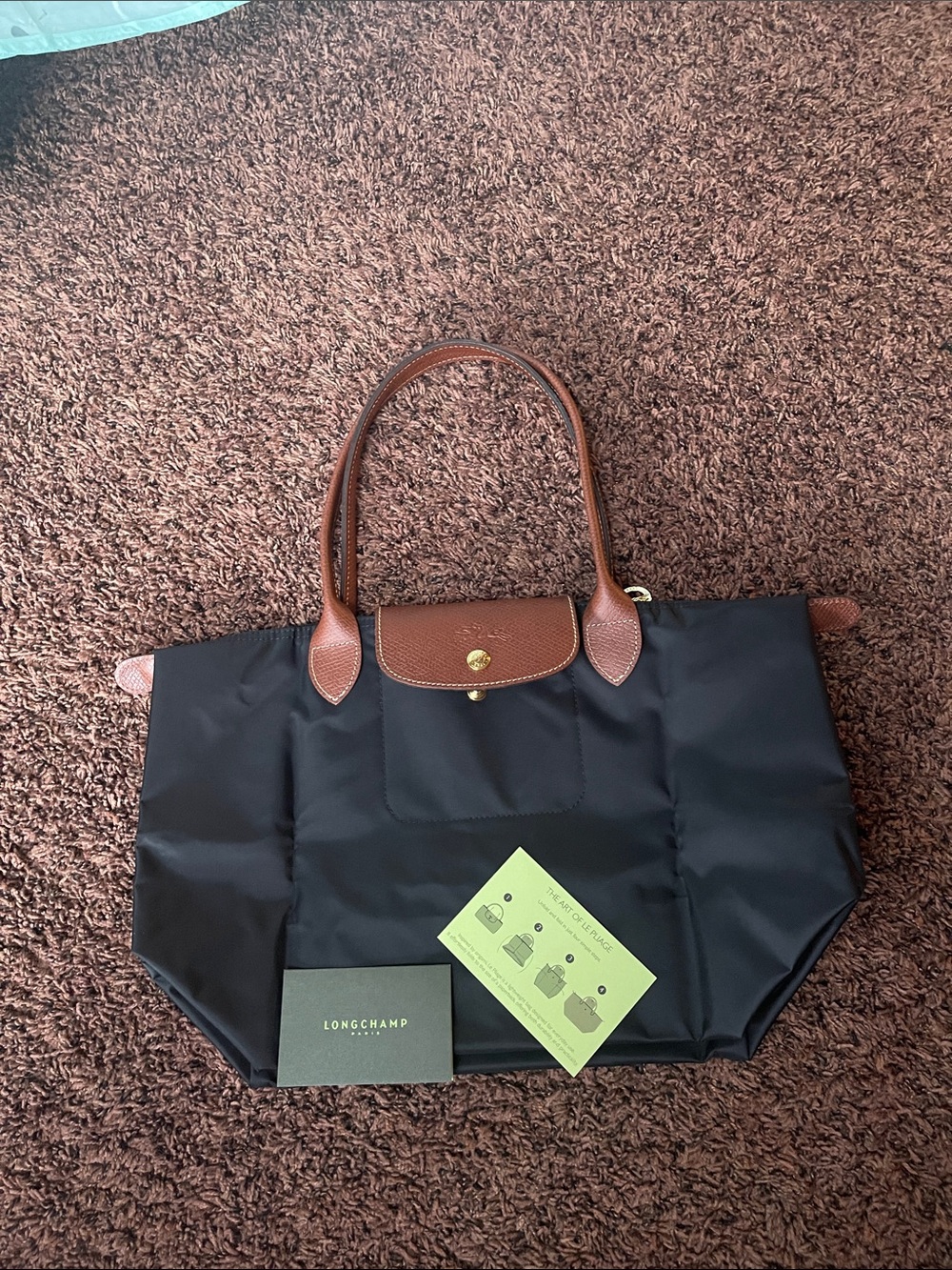 Longchamp Black Nylon Tote with Brown Leather Trim